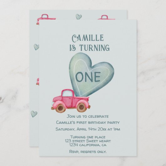 roze truck & hart verjaardag Uitnodiging (Voorkant / Achterkant)