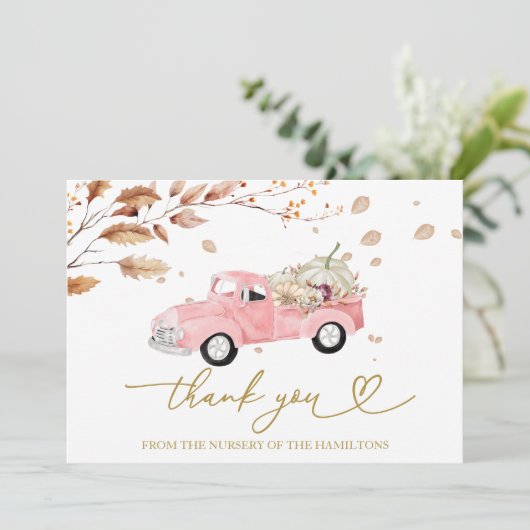 Roze  Truck Herfst Baby shower Dank u Kaart (Staand voorkant)