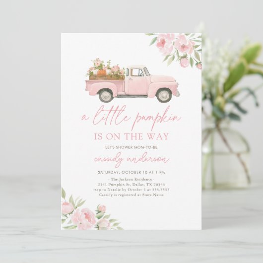 Roze Truck Little Pumpkin Girl Baby shower Kaart (Staand voorkant)