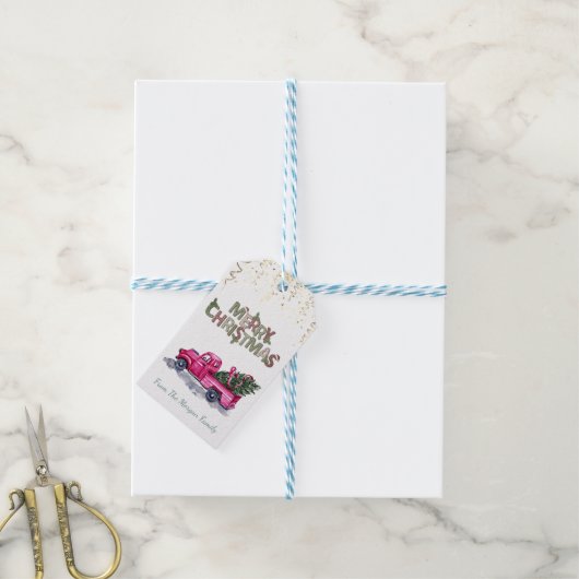 Roze Truck Pine Trees, Confetti, Vrolijk Kerstfees Cadeaulabel (Met Touw)