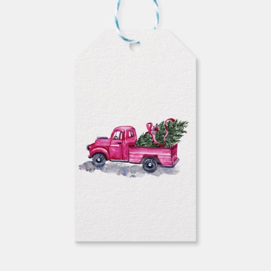 Roze Truck Pine Trees, Confetti, Vrolijk Kerstfees Cadeaulabel (Achterkant)