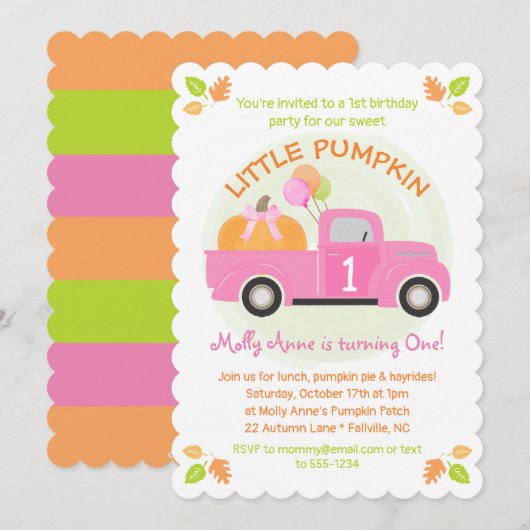 Roze Truck Pompoen 1e 1e verjaardag Meisje Party Kaart (Voorkant / Achterkant)