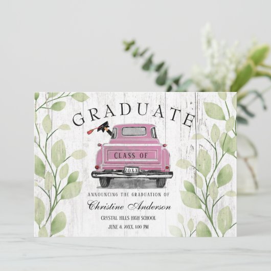 Roze Truck Rustiek Groen 2025 Afstuderen Aankondiging (Staand voorkant)