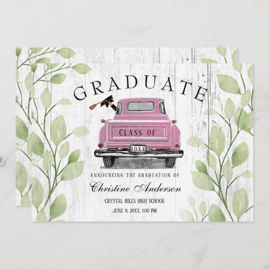 Roze Truck Rustiek Groen 2025 Afstuderen Aankondiging (Voorkant / Achterkant)