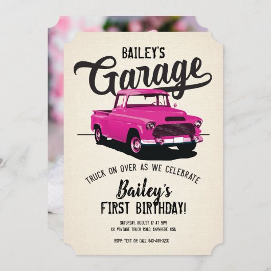 Roze  Truck Verjaardagsfeest Fotouitnodiging Kaart (Voorkant / Achterkant)