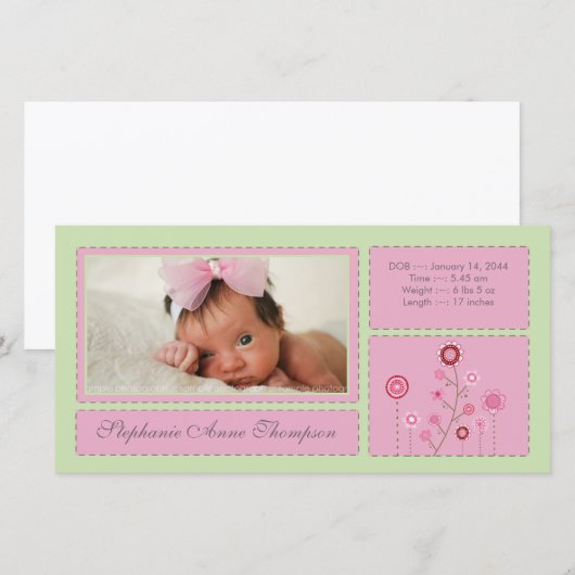 Roze Tuin Baby Meisje Geboorteaankondiging PhotoCa Aankondiging (Voorkant / Achterkant)