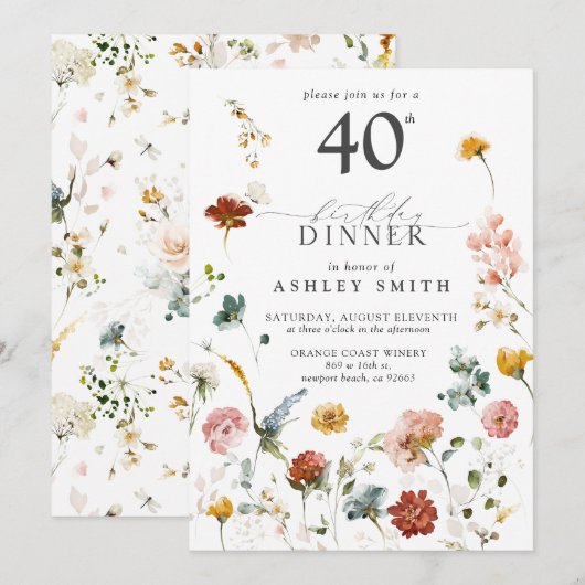 Roze Tuin Bloem Calligrafie 40e Verjaardag Kaart (Voorkant / Achterkant)