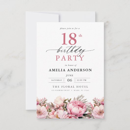Roze Tuin Bloemen Kalligrafie 18e Verjaardag Kaart (Voorkant)