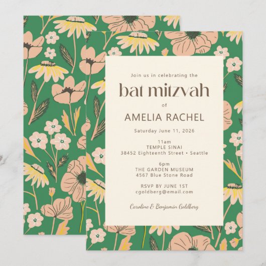 roze tuin - en beendermeel in Mitzvah Kaart (Voorkant / Achterkant)