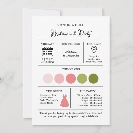 Roze Tuin Roos Bruiloft Bruidsmeisje Voorstelkaart Kaart (Achterkant)