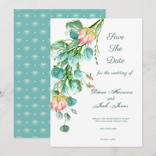 Roze Tuin Waterverf Boeket Save The Date Kaart (Voorkant / Achterkant)