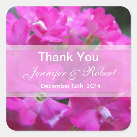 Roze tuinbloemen bruiloft gunst bedankt vierkante sticker (Voorkant)