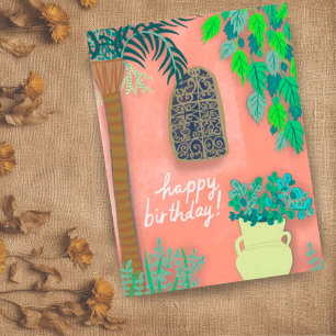 Roze Tuinmuur Exotische Palmboom GELUKKIGE VERJAAR Briefkaart