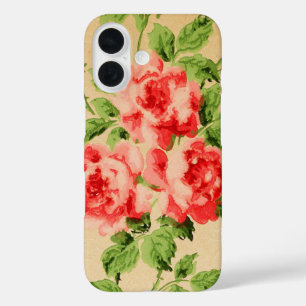 Roze tuinrozen op gouden achtergrond in vintage st iPhone 16 hoesje