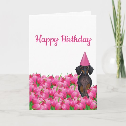 Roze Tulip Dachshund Birthday Kaart (Voorkant)