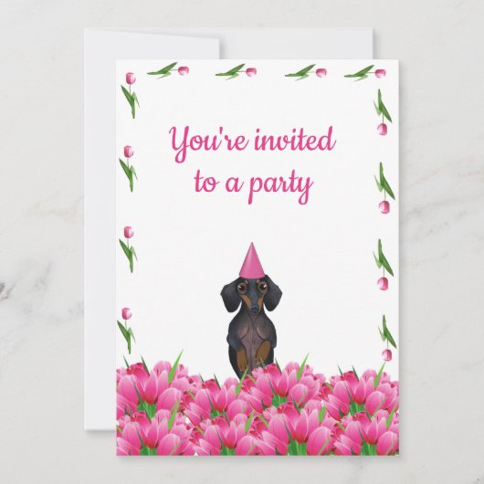 Roze Tulip Dachshund Party Invitation Kaart (Voorkant)