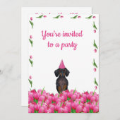 Roze Tulip Dachshund Party Invitation Kaart (Voorkant / Achterkant)