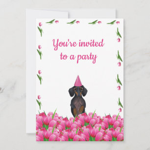Roze Tulip Dachshund Party Invitation Kaart