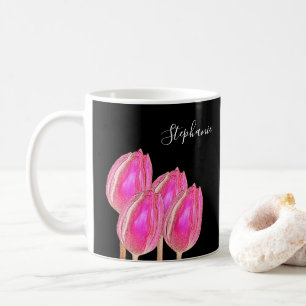 Roze Tulip Floral Monogram Naam Zwarte Aangepaste  Koffiemok