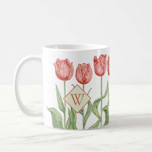 Roze Tulip Floral Monogrammed Initiaal Koffiemok (Links)