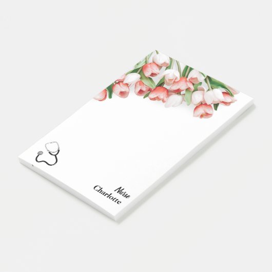 Roze Tulip Floral Nurse Stethoscoop Post-it® Notes (Schuin)