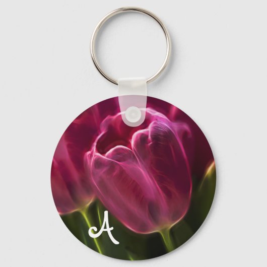Roze Tulip Fractal met Monogram Sleutelhanger (Voorkant)