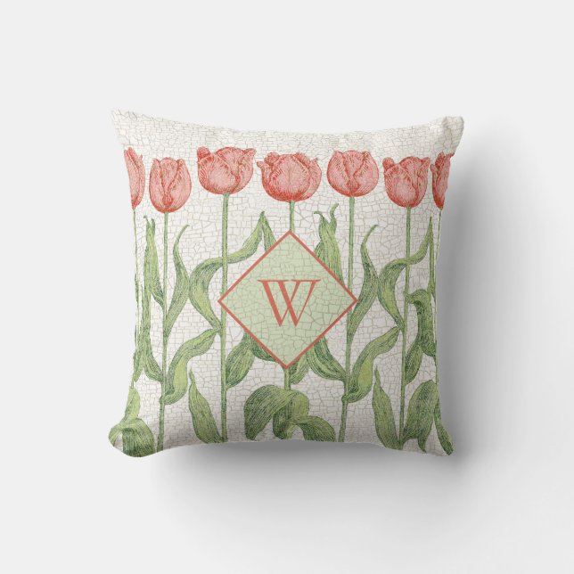  Roze Tulip Garden Monogram Floral Kussen (Voorkant)
