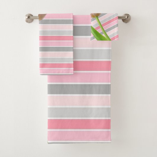 Roze Tulip Grey Stripe Bathroom Towel sets Bad Handdoek (Insitu)
