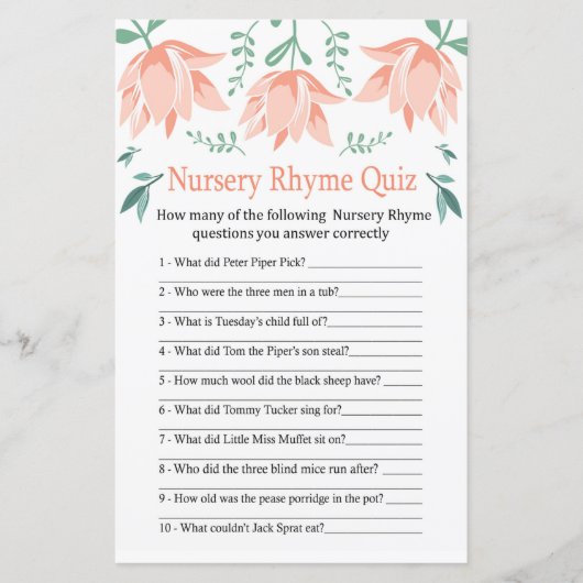 Roze Tulip Nursery Rhyme Quiz baby shower game (Voorkant)