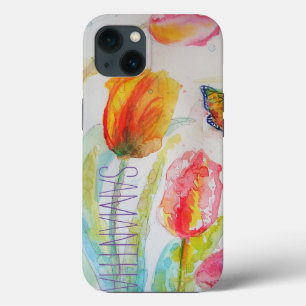 Roze Tulip Tulips Floral Waterverf Womans Name iPhone 13 Hoesje