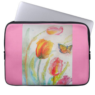 Roze Tulip Waterverf laptop Hoesje Sleeve