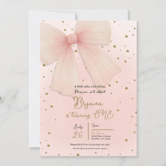 Roze Tulle Bow & Gouden Confetti 1e Verjaardag Kaart (Voorkant)