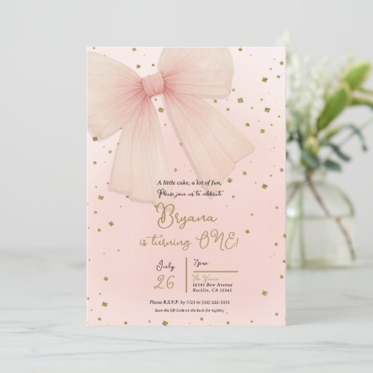  Roze Tulle Bow & Gouden Confetti 1e Verjaardag Kaart (Staand voorkant)