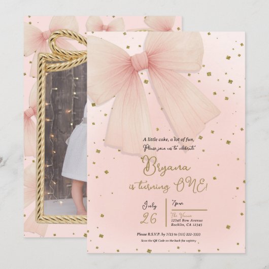 Roze Tulle Bow & Gouden Confetti 1e Verjaardag Kaart (Voorkant / Achterkant)