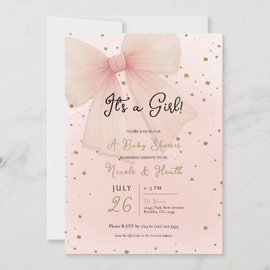  Roze Tulle Bow & Gouden Confetti Baby shower Kaart (Voorkant)