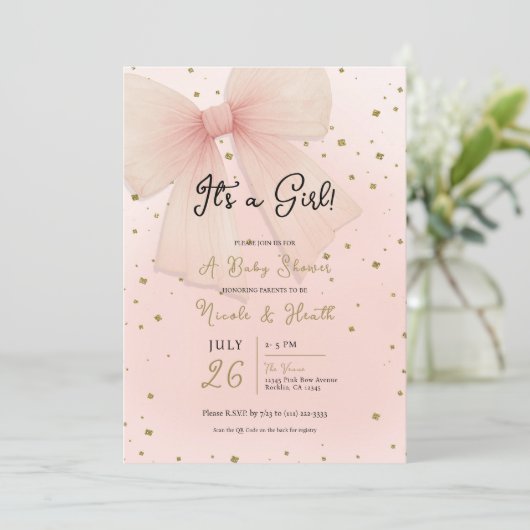  Roze Tulle Bow & Gouden Confetti Baby shower Kaart (Staand voorkant)