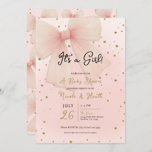  Roze Tulle Bow & Gouden Confetti Baby shower Kaart (Voorkant / Achterkant)