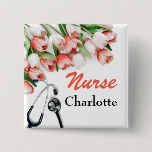 Roze Tulp Aangepaste Verpleegster Vierkante Button 5,1 Cm