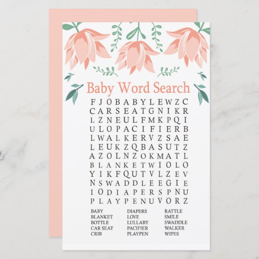 Roze Tulp Baby shower Word Search Game (Voorkant / Achterkant)