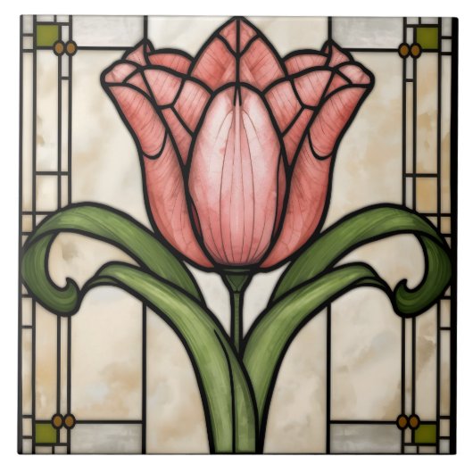 Roze Tulp Bloem Gebrandschilderde Glas Kunst Tegeltje (Voorkant)