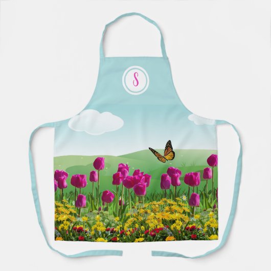 Roze Tulp Bloem Tuin Monogram Schort (Voorkant)