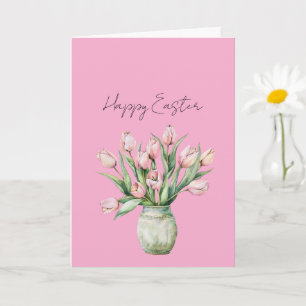 Roze Tulp Bloemen Groene Vaas Paasfeest Kaart