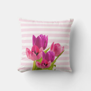 Roze Tulp Bloemen met Roze Strepen Decoratie Buitenkussen