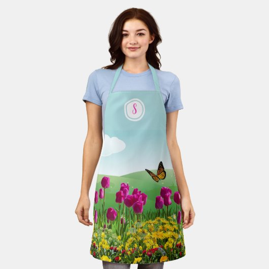 Roze Tulp Bloementuin Monogram Schort (Gedragen)