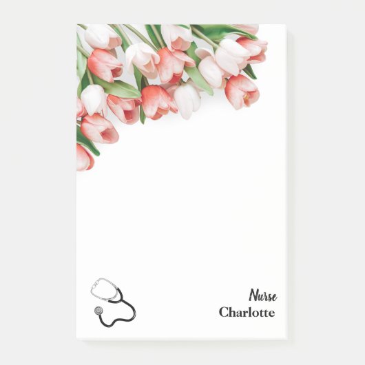Roze Tulp Bloemige Verpleegster Stethoscoop Post-it® Notes (Voorkant)