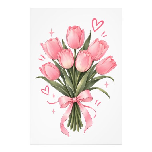 Roze Tulp Boeket Watercolor Poster (Voorkant)