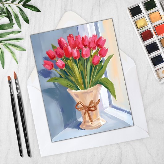 Roze Tulp Boeket Waterverf Bloemen Kaart