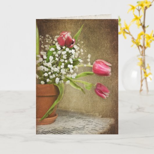 roze tulp bouquet op lace doily kaart (Gele Bloem)