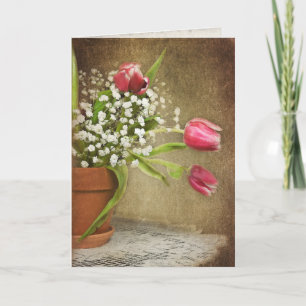 roze tulp bouquet op lace doily kaart