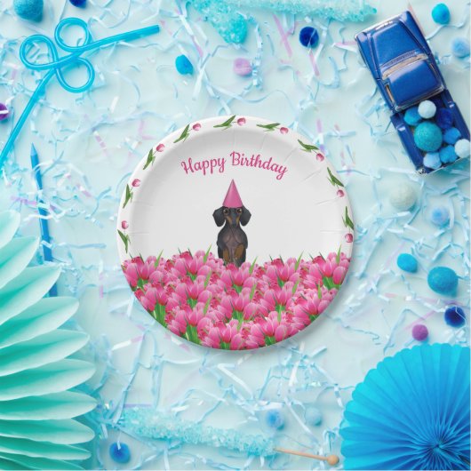 Roze Tulp Dachshund Paper-Borden Papieren Bordje (Feest)